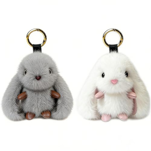 CHUANFU 2 Pièces Porte-Clés Lapin en Peluche, Porte Clef Peluche Lapin Accessoire de Pendentif, Charme de Sac Animal Mignon Keychain, Porte-Clés Femme pour Sac à Dos, Voitures