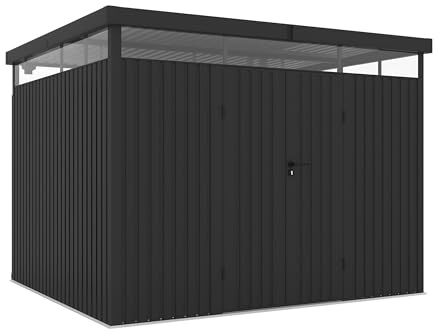 Wasabi Gartenhaus für den Außenbereich, Metall, 7,66 m², Quarz – Dicke 0,40 mm, robust – Lampe inklusive – Schloss mit Schlüssel – 360° Dachfenster – Flachdach – robustes Lagerhaus – 296 x 259 x 218