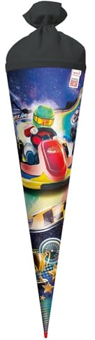 ROTH Schultüte 70 cm groß mit Motiv Kart Race – runde Zuckertüte zur Einschulung mit Filzverschluss, Stabiler Rot(h)-Spitze und glänzender Folienveredelung
