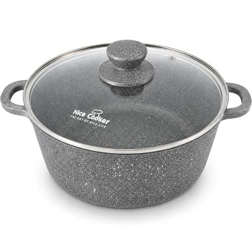 Nice Cooker - Faitout Cocotte Marmite Roc-Tec® 16,20,24 ou 28 cm + Couvercle Vraies Particules de Pierre. Antiadhésif. Tous Feux dont Induction + Four (28cm)