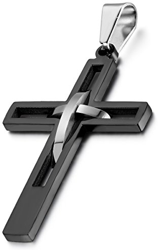 Cupimatch Kreuz Halskette Edelstahl Herren: Religiöser Zweifarbig Schwarz Silber Hohl Kreuzanhänger mit 3mm Gliederkette Vintage Weihnachten Männerschmuck für Herren Damen
