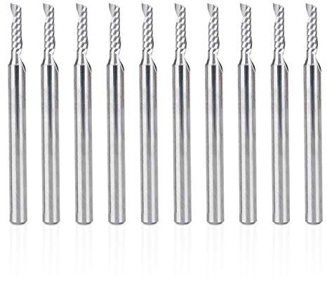 HQMaster CNC Router Bits, 10 Pack 1/8 Shank Spiral Upcut Router Bit 1 Flute End Mill Set Milling Cutter 2mm Cutting Single Flute Tungsten Steel Engraving Tool 8mm CEL, 38.5mm OAL for MDF Acrylic PVC