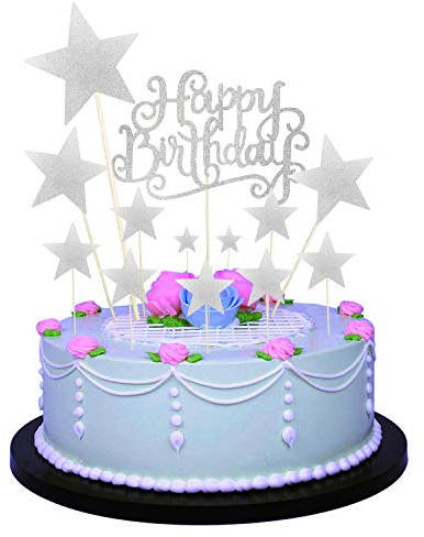 Allazone 1 PCS Silver Birthday Cake Decoration Silver Happy Birthday Handmade Cake Topper and 12 PCS Silver Pentacle Stars Cake Toppers Decoration for Party Decoration