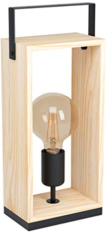 EGLO Tischlampe Famborough, 1 flammige Tischleuchte Vintage, Industrial, Skandinavisch, Nachttischlampe aus Stahl und Holz, Wohnzimmerlampe in Schwarz, Natur, Lampe mit Schalter, E27 Fassung