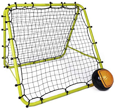 Football Master Premium Fluorescent Green Double Sided Multi Skills Foot Ball Rebounder Training Aid Target Soccer Goal Kickback Adjustable Practise Goalkeeper Coaching Rebound Net