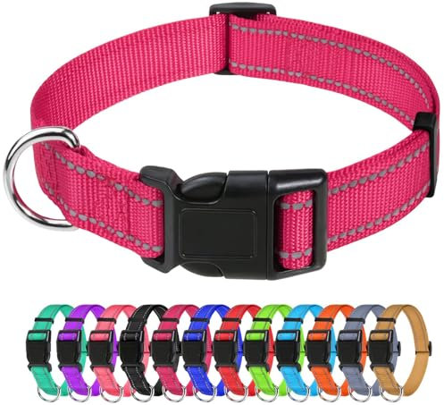TagME Nylon Hundehalsband, Verstellbares Reflektierendes Hundehalsband mit Sicherheitsschnalle für Mittlere Hund, Hot Pink, 2.5cm Breite
