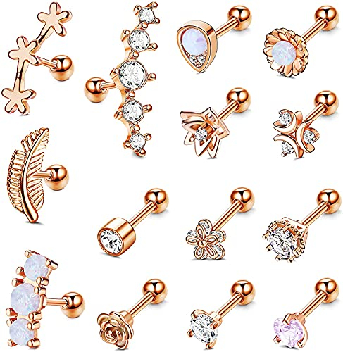 Milacolato 14PCS 16G Edelstahl Piercings Ohr Stecker Helix Knorpel Ohrstecker für Damen Männer CZ Blatt Blume Teardrop Opal Vorwärts Helix Tragus Daith Conch Piercing Schmuck