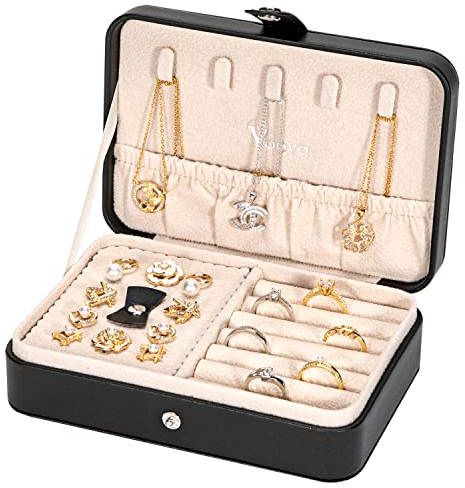 Voova Travel Jewellery Box Organiser for Women Girls,PU Leather Small Jewelry Storage Case with Smart Earrings Plate,Mini jewlerrying Display Holder for Earrings Rings Necklace Bracelets,Black