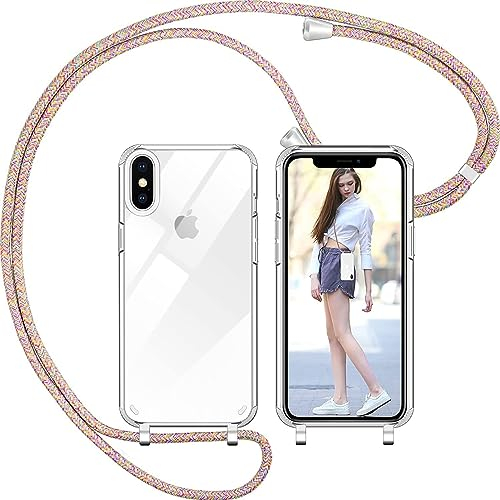 Nupcknn Handykette für iPhone X/iPhone XS Hülle mit Band,Dünn Transparent Handyhülle (Abnehmbar) Necklace mit Kordel zum Umhängen Kameraschutz Handy Kette Stossfest Schutzhülle(Regenbogen, 5.8)