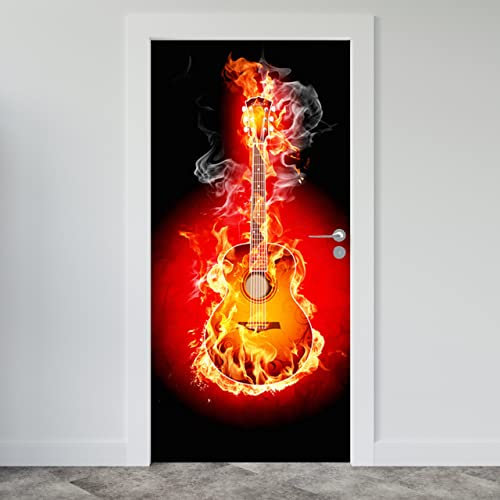 Estika Türtapete selbstklebend - Brennende Gitarre - 95x205 cm - Einem Bogen Türposter, Abstrakt Türaufkleber, Aufkleber PVC Folie, Klebefolie für türen, Tür tattoo, Modern decoration