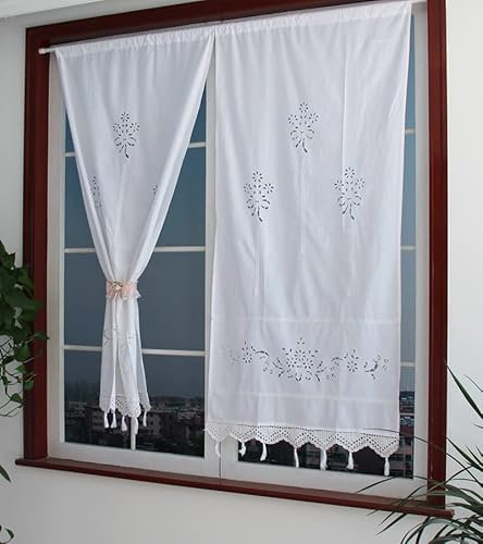 Yulakes Tenda da cucina con ricamo in cotone bianco e lino, tenda corta da cucina/caffè, tenda da pranzo con bordo, 70 x 150 cm (1 pezzo)