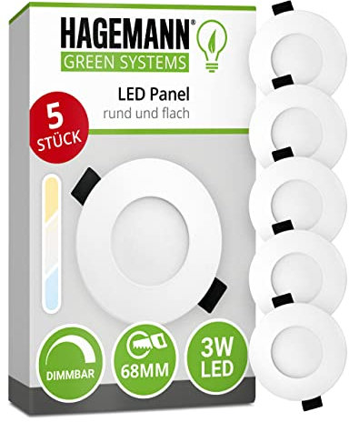 HAGEMANN® 5 x LED Deckeneinbauspot dimmbar 3 Watt 270lm IP20 – Ø 68 mm Bohrloch 230V Panellampe – LED Einbauleuchte ersetzt 25 W Halogen