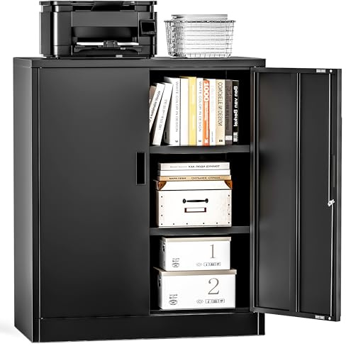 Storemax Schwarzer abschließbarer Aufbewahrungsschrank, kleiner Metallschrank mit 2 verstellbaren Einlegeböden und abschließbaren Türen, Büroschrank für Schule, Garage, Keller, 90*80*40cm