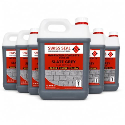 Swiss Seal | SLATE GREY Coloured Imprinted Concrete Sealer GLOSS FINISH + ANTI-SLIP | Colour Tinted Driveway And Patio Sealant - Wet Look | Colour Tint Sealant For Outdoor Concrete Floor (5 x 5 Litre)