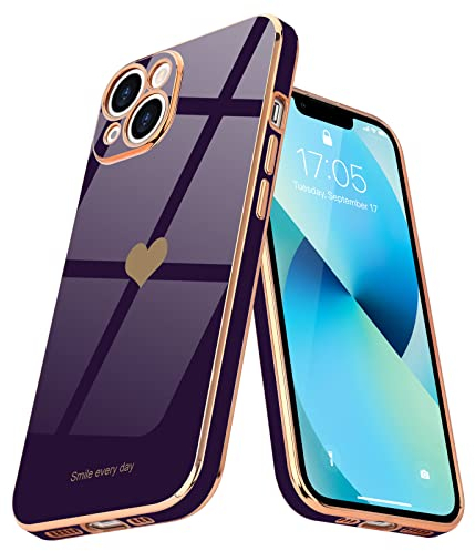 Teageo for iPhone 13 Mini Case Cute Heart Pattern for Women Girls Slim Luxury Bling Plating Soft TPU Anti-Scratch Shockproof Bumper Phone Case for iPhone 13 Mini, Dark Purple