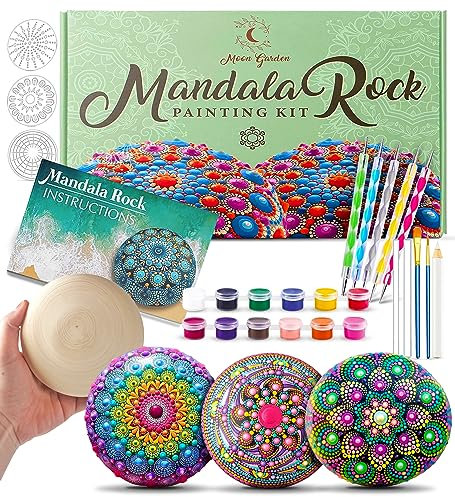 MoonGarden Mandala Rock Painting Kit - Mandala Dotting Tools Kit - Large Wooden Rocks for Painting, Stencils, Acrylic Paints, Dotting Tools for Rocks - Dot Art Kit for Adults & Kids