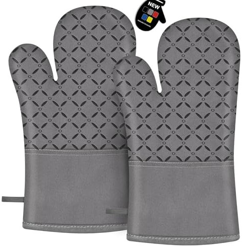 IXO Oven Mitts, Oven Gloves Heat Resistant 500°F with Non-Slip Silicone Surface, Kitchen Mitt with Soft Cotton Lining for Baking, Cooking, BBQ, Grey, 1 Pair