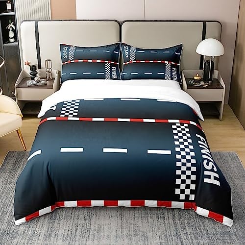 richhome Racing Car Track 100% Bio-Baumwolle Komfortbezug Cool Sport Auto Road Bettbezug Set 200x200 Schwarz Rot Weiß Gitter Geometrie Bettwäsche Set
