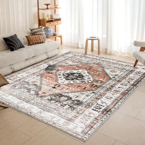 OMERAI Teppich Wohnzimmer 120x170CM Schlafzimmer Kurzflor Orange Waschbar Rutschfest Vintage Floral