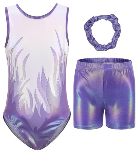FEOYA Mädchen 3Pcs Gymnastikanzug Set Ärmellose Stretch-Trikots mit Shorts Haarband Set Kinder Schule PE Ballett Tanz Turnanzug für Mädchen L 7-8 Jahre