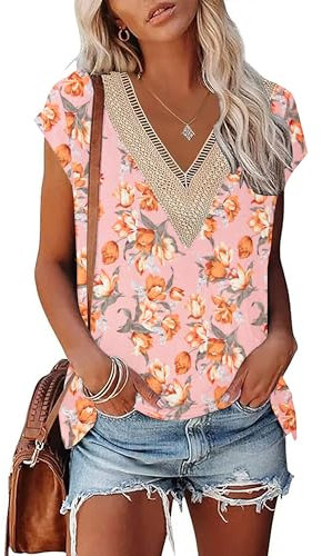 PLOKNRD T Shirt D'été à Manches Courtes Chemises Décolleté Dentelle Col V pour Femmes Top Décontracté à la Plage(Rose Tulipe,S)
