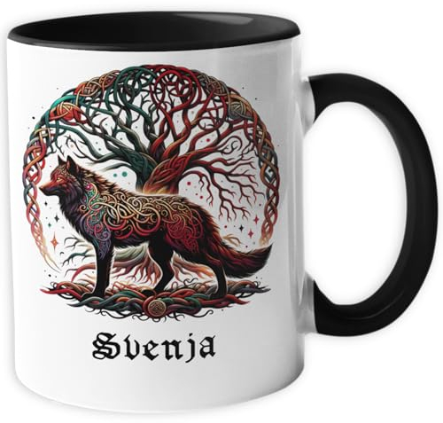Personalisierte Wikinger Tasse | Motiv Wolf und Yggdrasil, die Weltenesche | mit Namen personalisiert, Keramik Kaffeetasse Metbecher mit Wunschname 330 ml 33