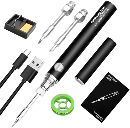 Set Saldatore, Saldatore a Batteria USB con 3 Temperature Regolabili 330℃-450℃, 3 Punte di Saldatura, Supporto per Saldatore, Filo di Saldatura, KKMOL Saldatore Completo Sicuro Professionale - Nero