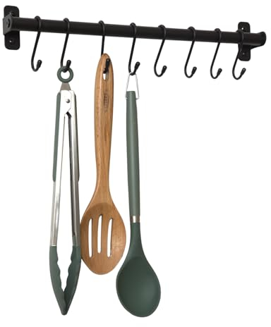 simplywire - Kitchen Utensil Holder and Organiser – Wall Mounted Rail Pan Rack – 8 Hanging Hooks – Black
