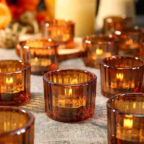 Filltown Amber Tea Light Candle Holders Set of 12, 5cm x 3.5cm Glass Tealight Holders for Table Centerpiece, Mini Vintage Striped Candle Holders for Weddings, Birthday Parties, Home Decor, Table Decor