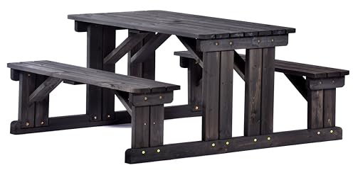 BrackenStyle Guernsey 8 Seat Picnic Table, Pine Wood Bench, Dark Grey Wash | 170cm Length, Easy Access Walk-In