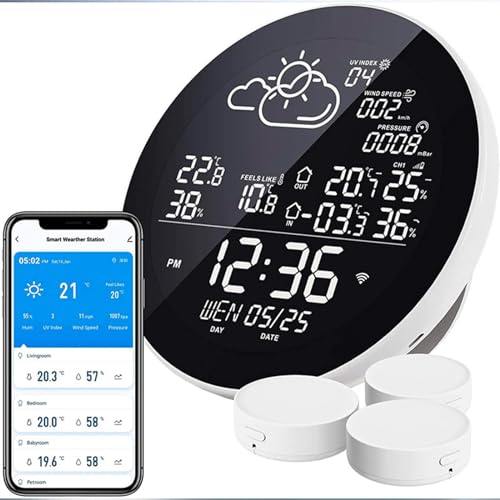 YHUEGH Station météo Intelligente WiFi avec télécommande Tuya APP et 3 capteurs, Compteur de température et d'humidité intérieure et extérieure, Horloge météo à Grand écran Couleur, barométrique