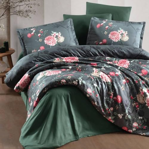 Satin Bettwäsche 240x220 cm – 5-teiliges Set in Dunkelgrün mit leuchtenden Blumenmotiven in Rosa, Rot und Beige, 100% Baumwollsatin, Wende-Bettbezug bunt geblümt, Kissenbezug 80x80 cm. Alfon