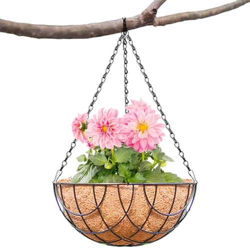 Generisch Blumenampel Kokos - Hanging Basket Mit Metallgestell | Metallkorb Kokoseinlage | Dekorative Blumentöpfe Zum Aufhängen | Hängeampel Mit Kokoseinlage Deko Für Außen Balkon