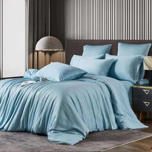 Luowei Bambus Bettwäsche 155x220 cm Kühlend & Atmungsaktiv, Blau, Lyocell | Sommer 100% Bambus Bettwäsche Set, 3-teilig, Seidig Weich OEKO-TEX Bettbezug mit Reißverschluss und 2 Kissenbezüge 80x80 cm