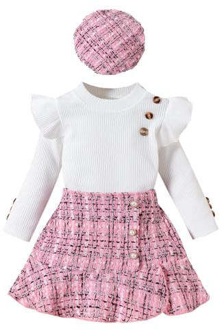UUAISSO Kleinkind Baby Mädchen Kleidung Langarm Gerippte Oberteile Plaid Tweed Muster Rock Baskenmütze Herbst Knopf Outfits Sets