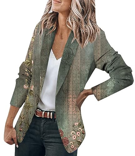 LUNULE Blazer Damen Elegant Business Outfit Vintage Blumendruck Knopf Open Front Jacke Casual Langarm Cardigan Arbeit Büro Sommer Leicht(Grün,XL)