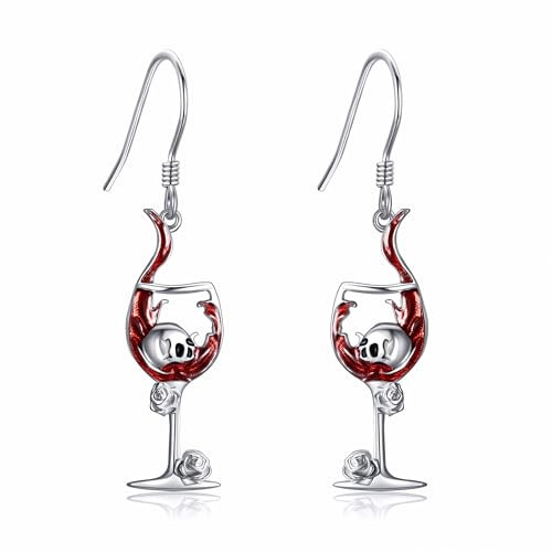DAYLINLOVE Wine Earrings 925 Sterling Silver Gothic Skull Wine Glass Dangle Drop Earrings Goth Drink Party Jewellery Gifts for Women Girls