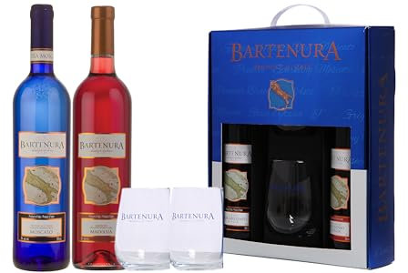 Bartenura Gift Set – Classic Blue Bottle Moscato and Malvasia Red Wine with 2 Glasses – Premium Italian Wine Selection, For Her, Seasonal, and Special Occasions