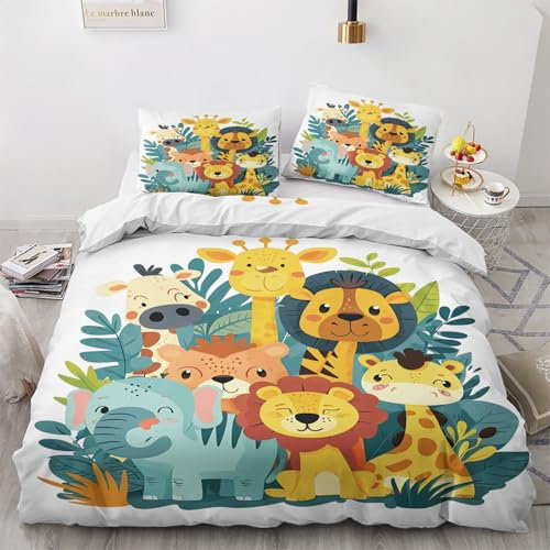 Qfpryzius Parure de Lit 90x190 Enfant pour 1 Personne Safari, Housse de Couette Réversible Animaux de La Jungle + 1 Taie d'oreiller 65x65 cm, Ensemble de Literie en Microfibre pour Garçon Fille