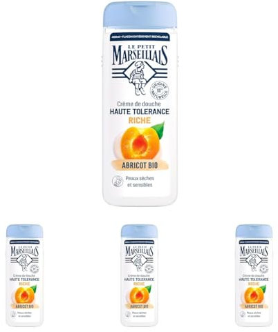 Le Petit Marseillais | Crème de Douche Haute Tolérance Riche Abricot Bio (flacon de 400 ml) – 98% d'ingrédients d'origine naturelle – Gel douche pour peaux sèches et sensibles (Lot de 4)