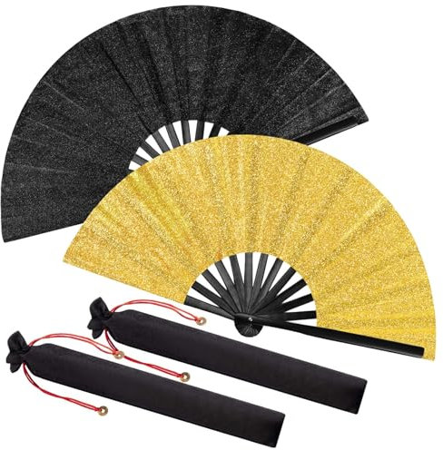 Maitys Large Clap Fans for Line Dancing Large Chinese Folding Hand Fans for Men and Women, Festival, Tai Ji, Kungfu, Martial Art, Gifts(Glitter Black and Gold,2 Packs)