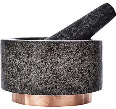 Juego de mortero y Maja Grande, Piedra de Granito Pulida Tallada a Mano, cocinar y Hacer Guacamole, Gran Herramienta o Regalo para Chefs, Color Negro.