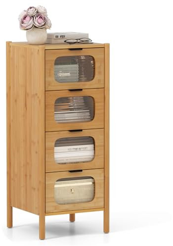 COSTWAY Colonne en Bambou, Meuble Salle de Bain avec Tiroirs en Verre Trempé Rayé, Armoire Naturel, 40 x 40 x 97 cm