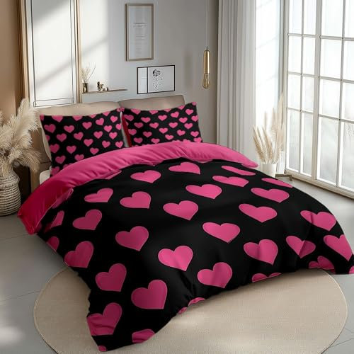 Housse de Couette 90 x 190 cm Cœur Rose Rouge Parure de lit 1 Personne en Polycoton avec Fermeture Éclair Réversible Sets de Housse Couette avec 1 Taie d'oreiller 65 x 65cm pour Enfants Adolescent