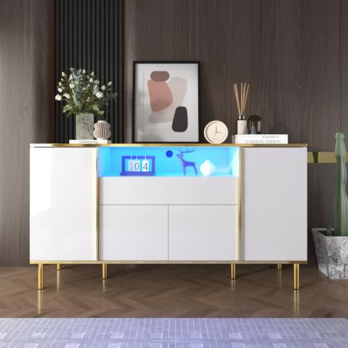 Rvjiahe Sideboard, hochglänzende weiße Kommode mit 1 Schublade, Kommode, Schlafzimmerkommode, hochglänzendes weißes Sideboard – B150/T40/H80cm (Weiß)