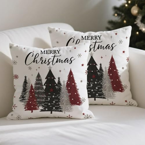 ViaElayu Weihnachtskissenbezug 40x40 Kissenbezug Kissenhülle Weihnachten Deco Kissen Schwarz Grau Rot Weihnachtsbaummuster Weihnachtskissenbezüge Sofakissen Dekokissen Couchkissen Weihnachts 2er Set