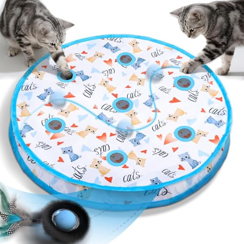 Zeepet Cat Toys, Interactive Cat Toys for Indoor Cats Adult,7 Holes Maze Mat Automatic Moving Ball Kitten Toys in Pouch, Feather Tail, Touch Activation, Smart 4 Mode Mouse Catching Game (Cat Love)