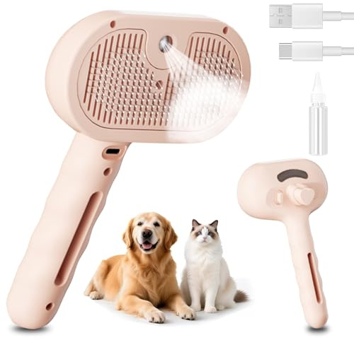 Brosse à Vapeur pour Chat, 3-1 Multi-usages Brosse Chat pour Chats et Chiens, La Perte de Poils, Massage et Toilettage, pour Tous Les Animaux à Poils Longs et Courts, Rose