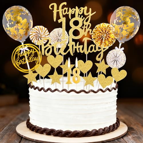 Tortenaufsatz zum 18. Geburtstag, 20-Teilig, Schwarz-goldenes Farbschema, Enthält Stern- und Herz-Papierfächerballons und Kerzen, Wird mit Acryl-Geburtstagsbanner Geliefert