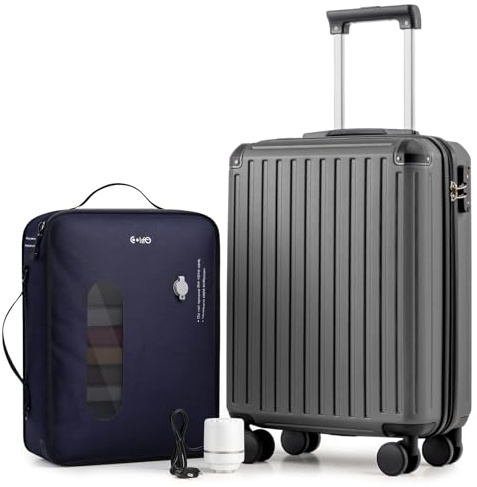 COOLIFE Easyjet Vakuum Handgepäck Koffer 55X40X20cm + Vakuumbeutel für Kleidung +60% mit Pumpe | ABS+PC Hartschalenkoffer mit TSA-Schloss und 4 Zwillingsrollen Für Ryanair, Grenzüberschreitende Reise